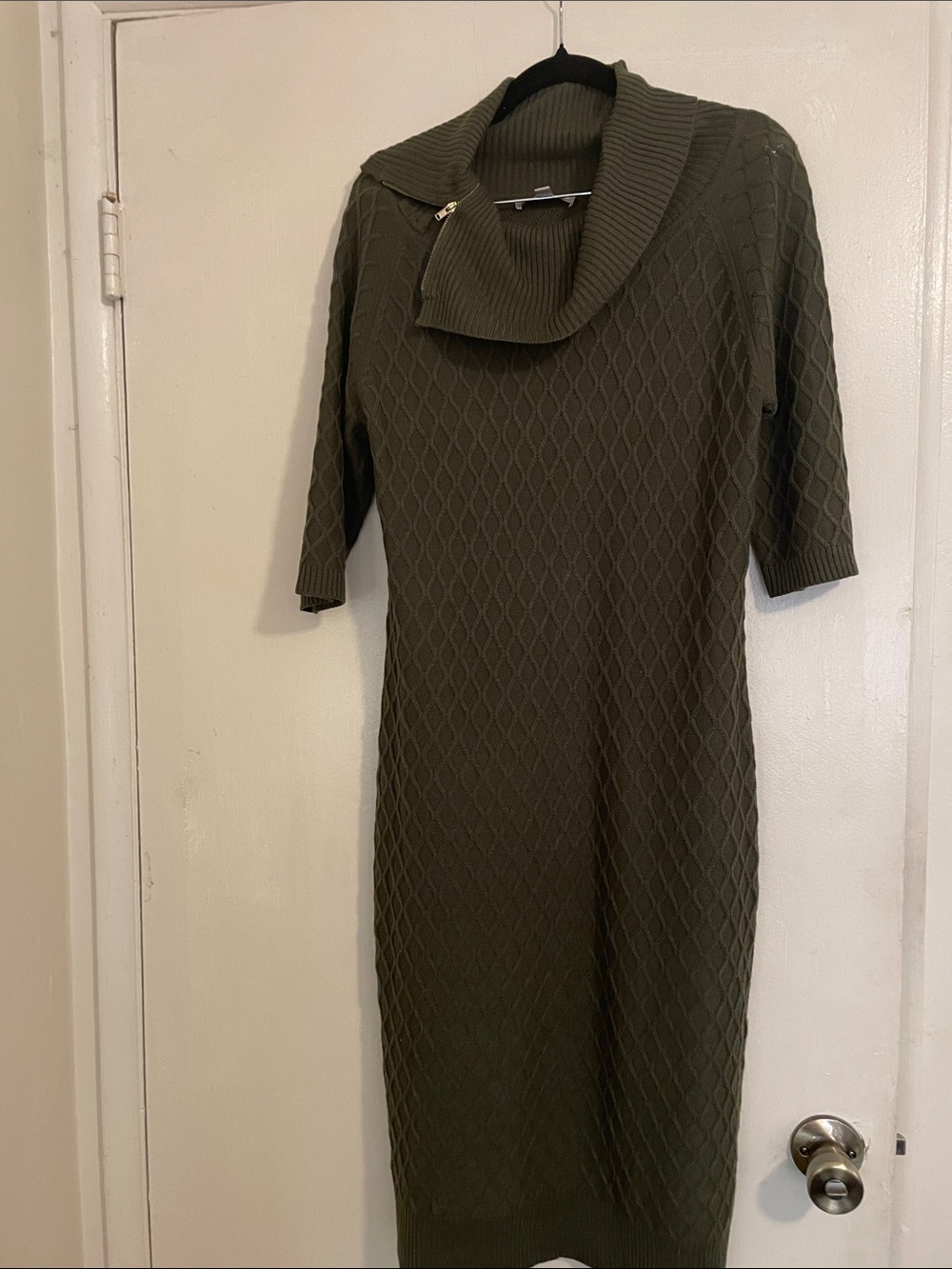 Olive Green Knit Midi Dress with Shawl Collar